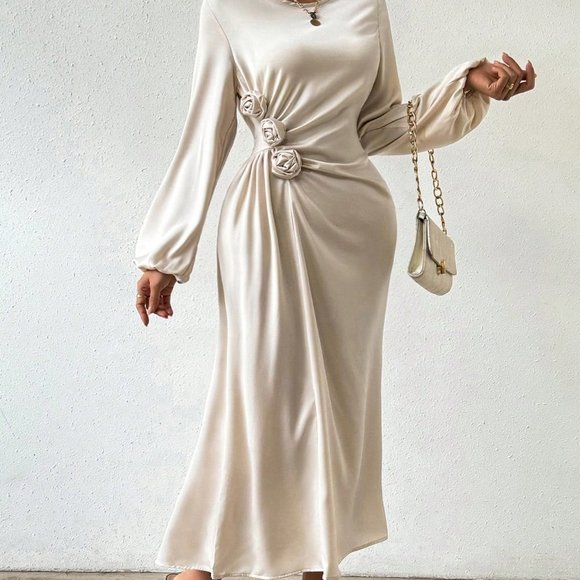 Apricot Preppy WomensWomen's Round Neck 3d Flower Decorated Lantern Sleeve Dress - Picture 4 of 5